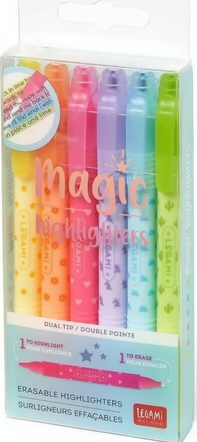 Legami - Set Di 6 Evidenziatori Cancellabili, Magic Highlighters, Doppia Punta Per Evidenziare E Cancellare, Per Tratti Fini E Spessi, In Giallo, Arancione, Rosso, Viola, Azzurro, Verde Cancelleria e prodotti per ufficio/Penne matite scrittura e correzione/Marcatori ed evidenziatori/Evidenziatori Cartoleria Deja Vu - Crotone, Commerciovirtuoso.it