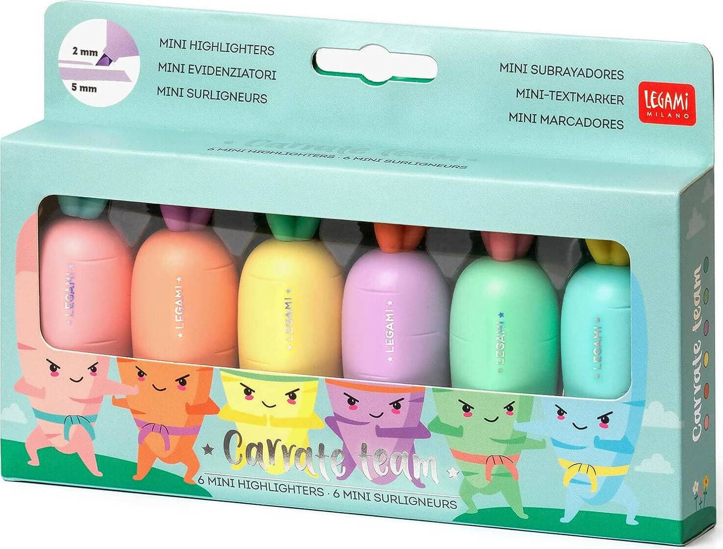 Legami Hc0001 Set Di 6 Mini Evidenziatori, Carrate Team, Evidenziatori A Forma Di Carota, Inchiostri A Base D'acqua, Per Tratti Fini E Spessi, Colori Pastello, Asciugatura Rapida