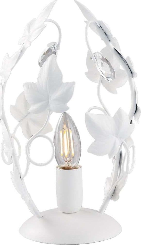 Lumetto-Shabby-Edera-1-Luce-Ferro-Battuto-Bianco-Con-Foglie-E-Cristalli