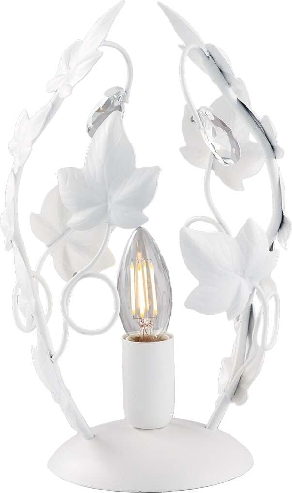 Lumetto-Shabby-Edera-1-Luce-Ferro-Battuto-Bianco-Con-Foglie-E-Cristalli