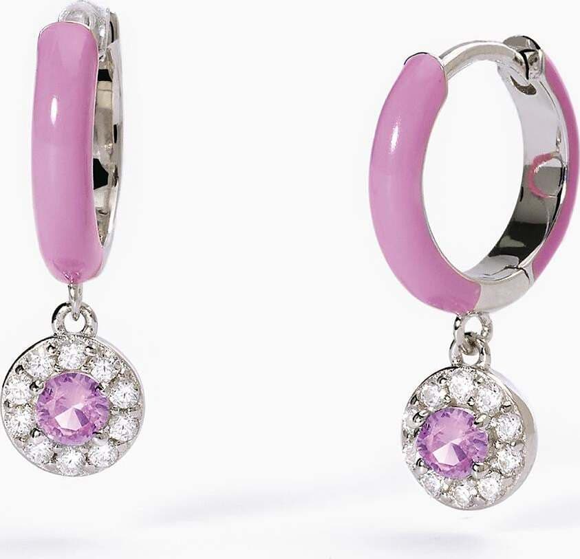 Mabina---Orecchini-a-cerchio-in-argento-con-smalto-rosa-e-zircone-rosa