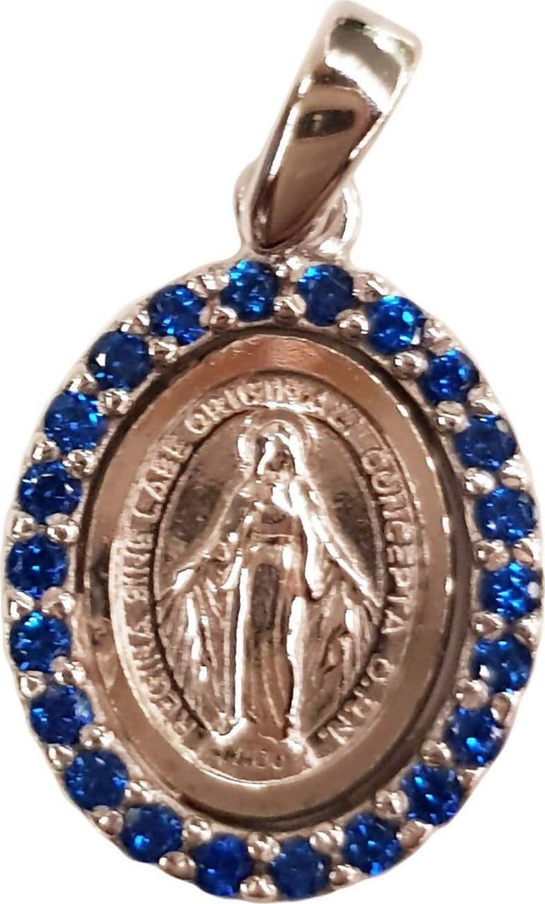 Madonna Miracolosa Medaglia Ovale Con Pietre Bianche Taglio Brillante E Zaffiri In Au 750/1000 Gioiello Religioso Made In Italy