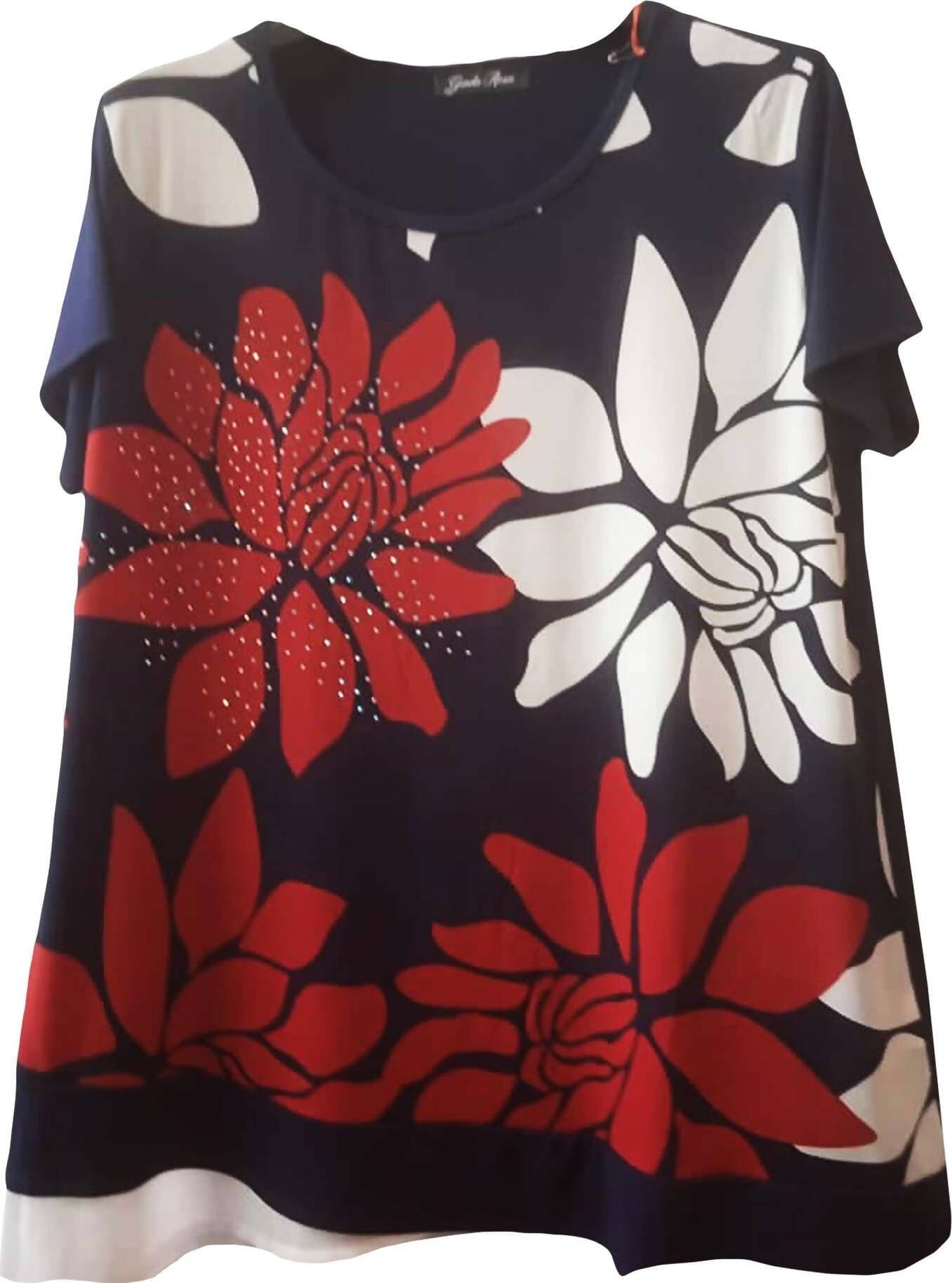 Maglia Donna Blu Rossa Bianca Fiori Made in Italy Maglietta Girocollo Mezze Maniche Over per Signora Top Giada Elegante Maniche Corte BlART. 731345 maglia donna L'Orchidea - Siderno, Commerciovirtuoso.it