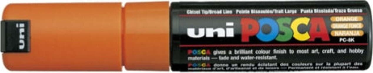 Marcatore Uni Posca PC8K - punta a scalpello 8mm - arancio - Uni Mitsubishi Cancelleria e prodotti per ufficio/Penne matite scrittura e correzione/Marcatori ed evidenziatori/Pennarelli indelebili e marcatori Eurocartuccia - Pavullo, Commerciovirtuoso.it