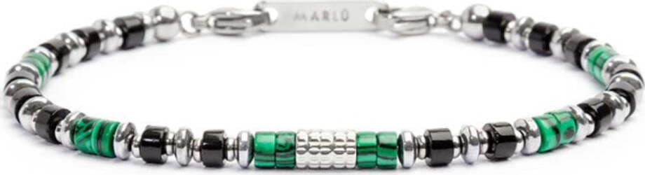 Marlù---Bracciale-con-rondelle-in-malachite-ed-onice-nera-e-cilindro-diamantato