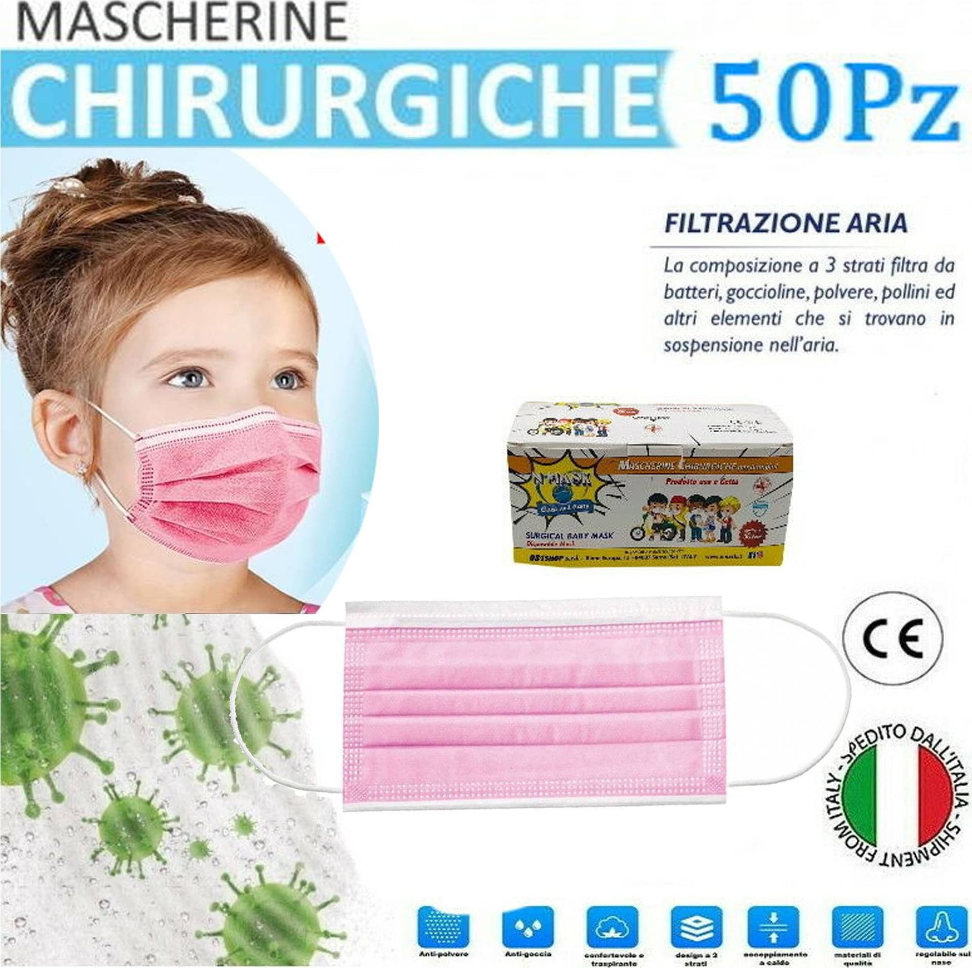 MASCHERINE CHIRURGICHE PER BAMBINE MONOUSO IN TNT 3 STRATI PROTETTIVI VISO 50PZ