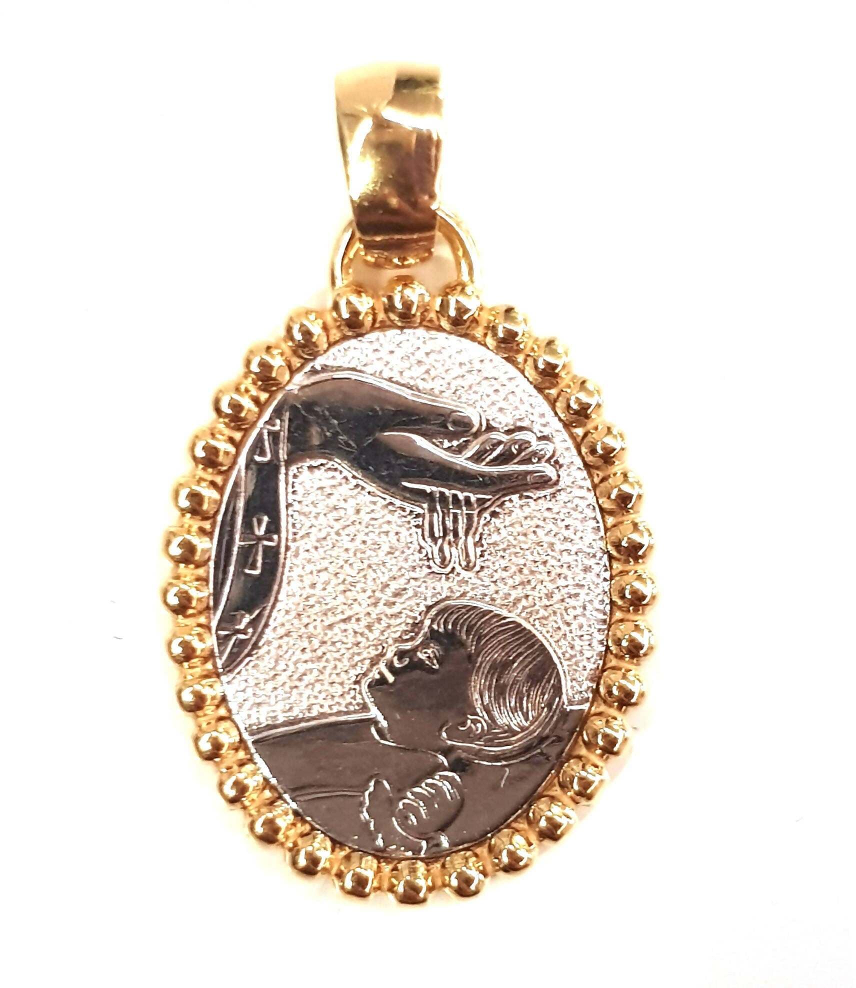 Medaglia fonte battesimale in oro bianco e giallo 750/1000 Medaglietta Pendente Religioso Gioiello Stella Milano