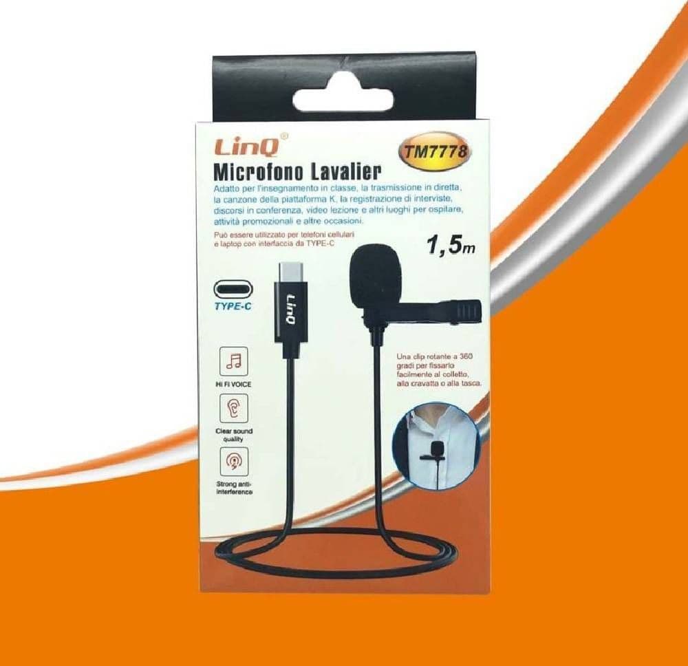 MICROFONO LAVALIER CON CLIP COLLETTO BAVERO SMARTPHONE TYPE-C TIPO C 1.5MT TM7778