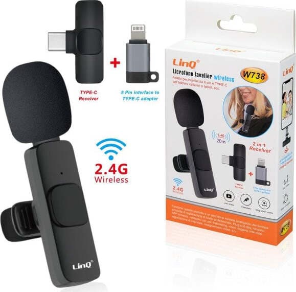 MICROFONO LAVALIER CON CLIP COLLETTO BAVERO WIRELESS 2.4G CON RICEVITORE 20M W738