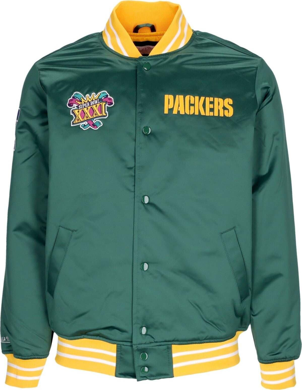 MITCHELL-&-NESS-Giubbotto-Bomber-Uomo-Nfl-Heavyweight-Satin-Jacket-Grepac-Original-Team-Colors-da-uomo