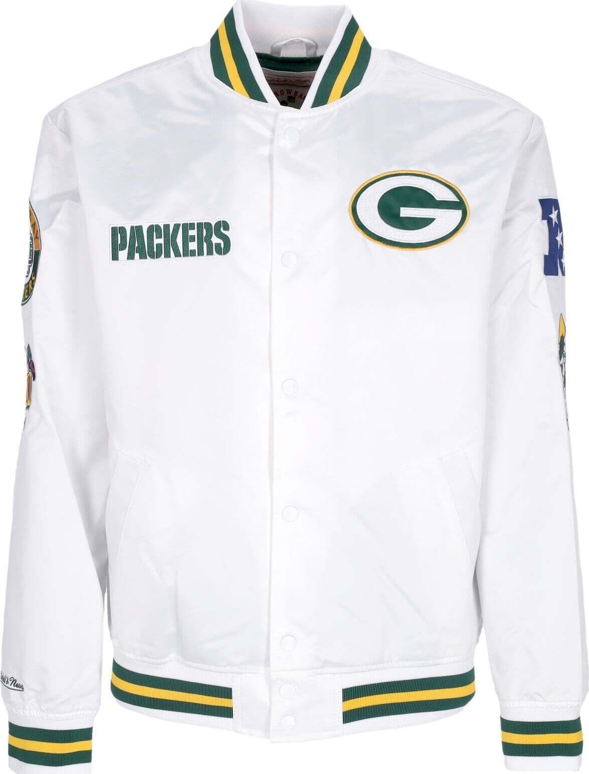 MITCHELL-&-NESS-Giubbotto-Bomber-Uomo-Nfl-Hometown-Lw-Satin-Jacket-Grepac-White-da-uomo