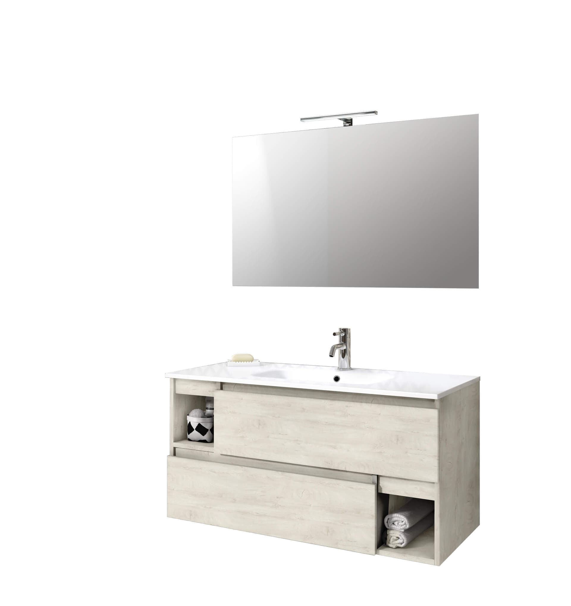 Mobile Bagno 100cm Sospeso Con Due Cassetti Due Vani E Specchio Con Lampada Rovere Alaska