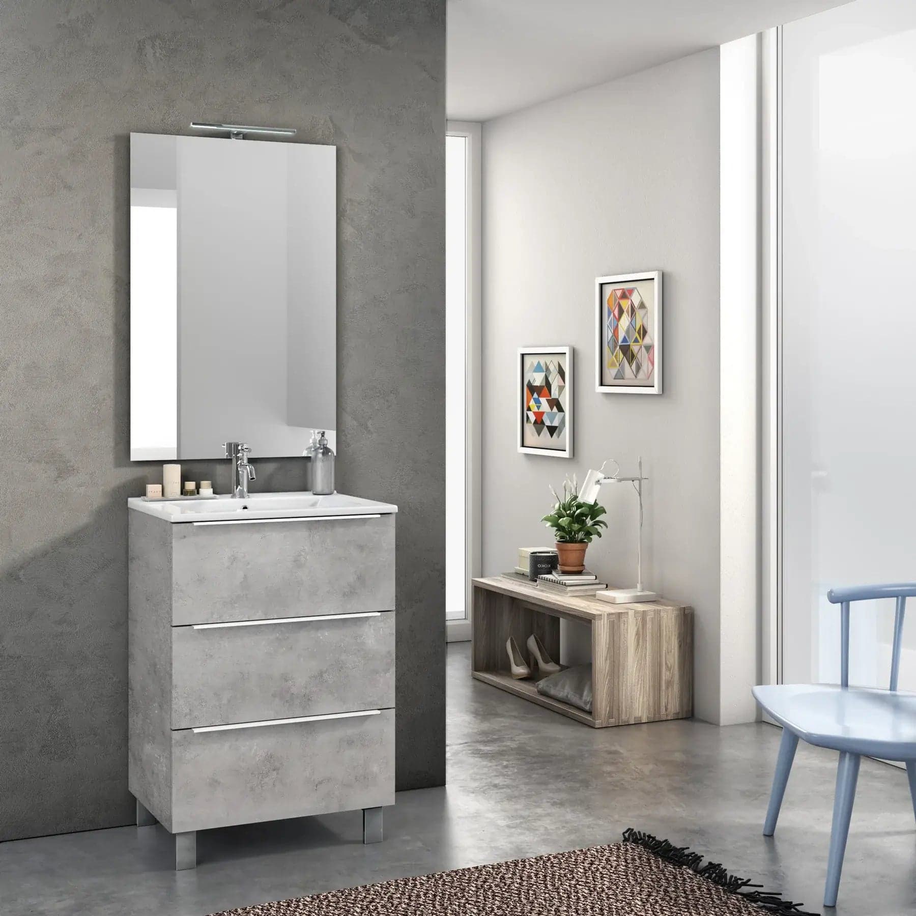 Mobile Bagno 60cm a Terra Con Tre Cassetti e Specchio Cemento