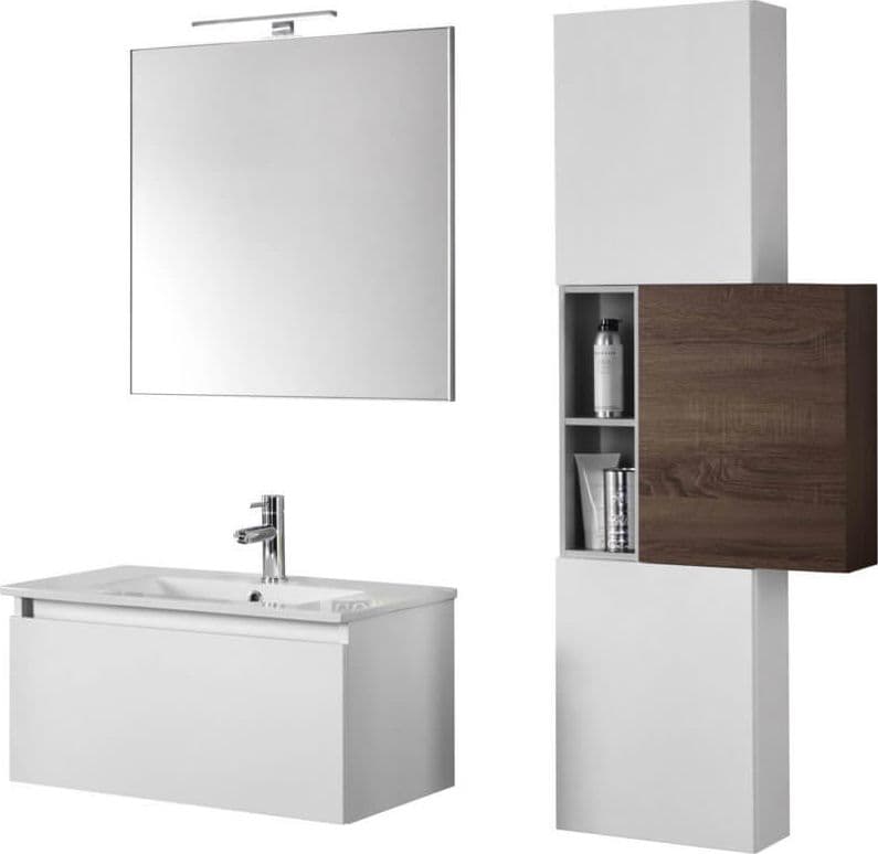 Mobile Bagno 70cm Sospeso Cassetto, Colonna Pensile, Vano a Giorno, Specchio E Lampada Laccato Bianco Opaco + Tabacco Scuro