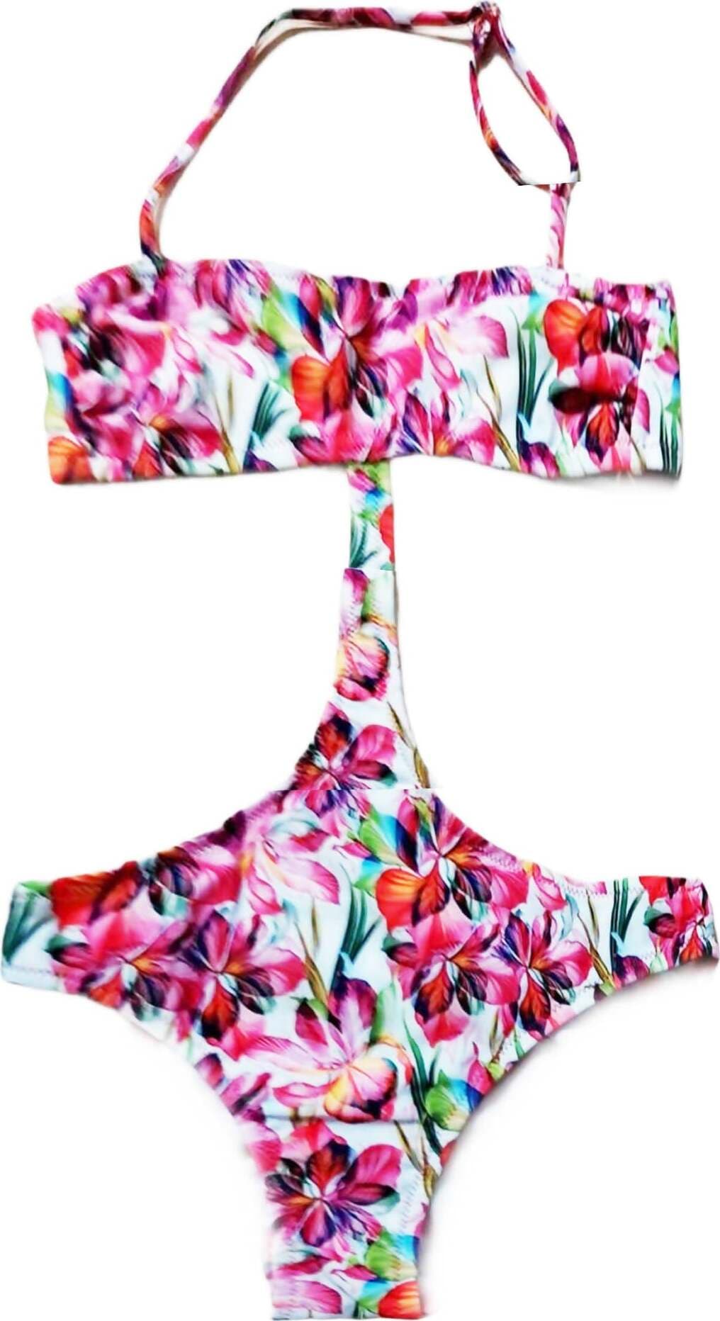 Monokini Bambina Rosa e Bianco Fiori Tropicali Costume da Bagno Bimba Intero Costumino Fashion Estivo Fantasia Paradise