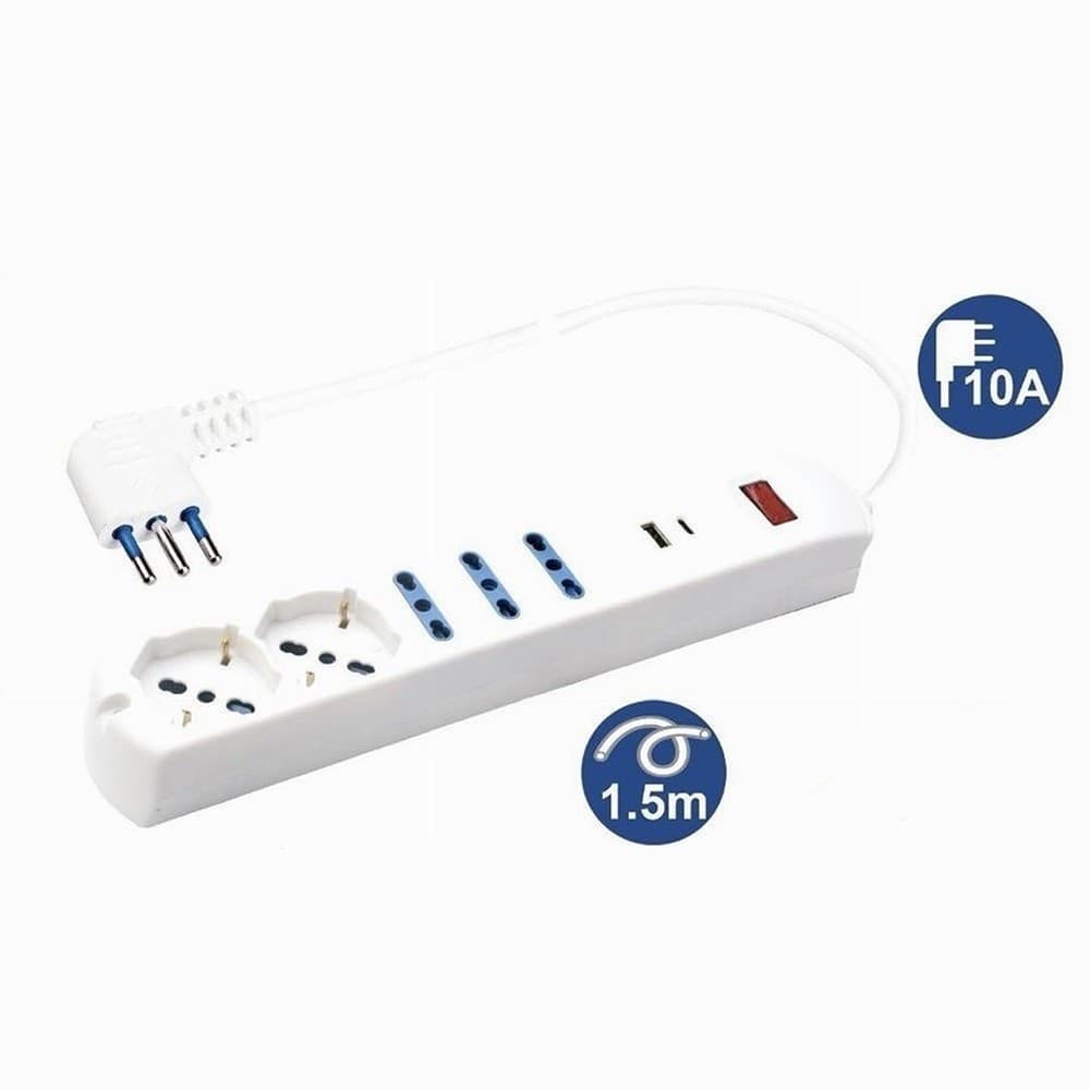 MULTIPRESA 7 IN 1 USB A + C + 3 PRESE PER BIPASSO + 2 SCHUKO/EU CAVO 1,5MT 80080 in Multiprese Trade Shop italia - Napoli, commercioVirtuoso.it