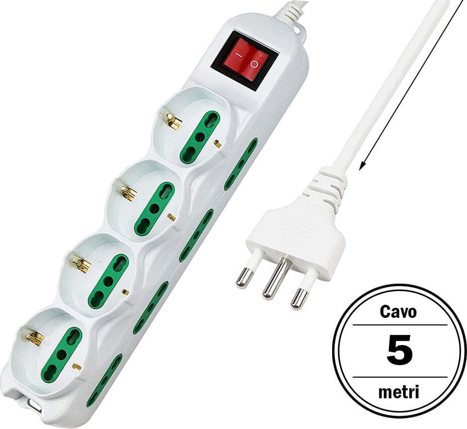 Multipresa-Ciabatta-Elettrica-Cavo-5M-Con-12-Posti-4-Prese-Schuko-10/16A-+-8-Prese-Bipasso-2P+T-10/16A-Interruttore-Extrastar