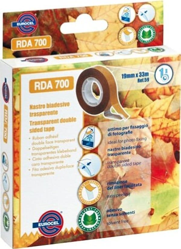 Nastro biadesivo 700RDA - 19 mm x 33 mt - trasparente - Eurocel Fai da te/Pitture trattamenti per pareti e utensili/Strumenti e attrezzi per verniciatura/Materiali di preparazione/Nastro/Nastro per mascheratura Eurocartuccia - Pavullo, Commerciovirtuoso.it