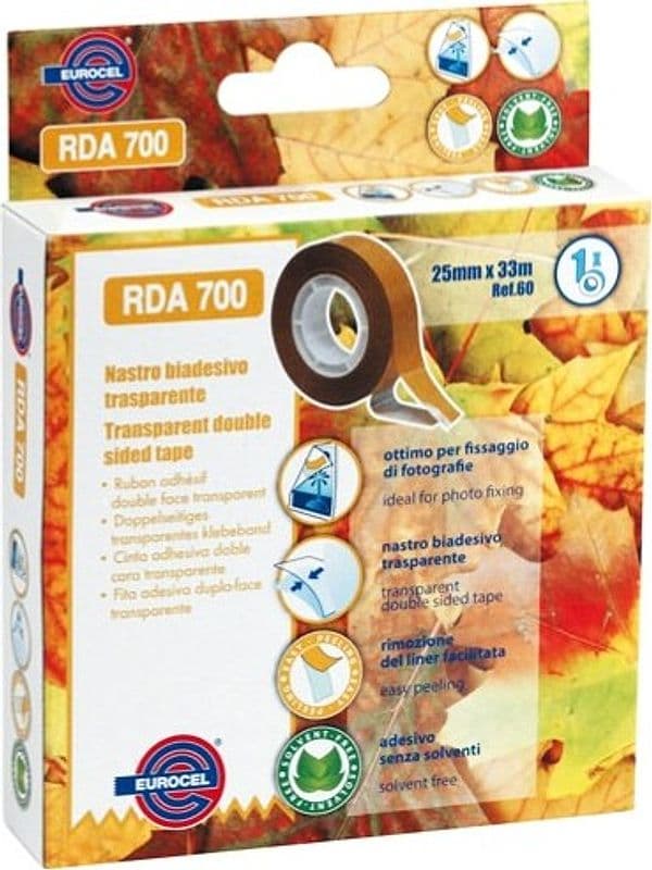 Nastro biadesivo 700RDA - 25 mm x 33 mt - trasparente - Eurocel Fai da te/Pitture trattamenti per pareti e utensili/Strumenti e attrezzi per verniciatura/Materiali di preparazione/Nastro/Nastro per mascheratura Eurocartuccia - Pavullo, Commerciovirtuoso.it