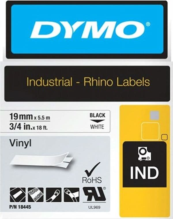 Nastro Rhino 18445 - 19 mm x 5 5 mt - vinile - nero-bianco - Dymo Cancelleria e prodotti per ufficio/Elettronica per ufficio/Accessori/Accessori per etichettatrici Eurocartuccia - Pavullo, Commerciovirtuoso.it