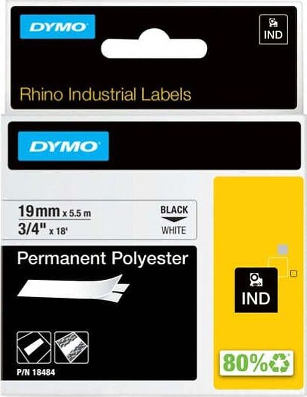 Nastro Rhino 18484 - 19 mm x 5 5 mt - poliestere permanente - nero-bianco - Dymo Cancelleria e prodotti per ufficio/Elettronica per ufficio/Accessori/Accessori per etichettatrici Eurocartuccia - Pavullo, Commerciovirtuoso.it