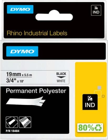 Nastro Rhino 18484 - 19 mm x 5 5 mt - poliestere permanente - nero-bianco - Dymo Cancelleria e prodotti per ufficio/Elettronica per ufficio/Accessori/Accessori per etichettatrici Eurocartuccia - Pavullo, Commerciovirtuoso.it