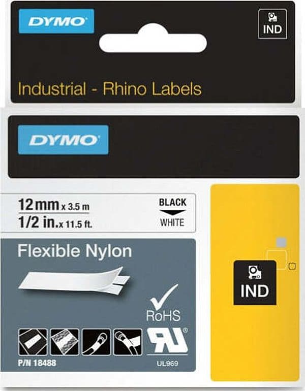 Nastro Rhino 18489 - 19 mm x 3 5 mt - nylon flessibile - nero-bianco - Dymo Cancelleria e prodotti per ufficio/Elettronica per ufficio/Accessori/Accessori per etichettatrici Eurocartuccia - Pavullo, Commerciovirtuoso.it