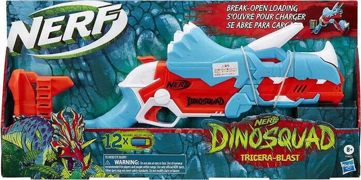 Nerf- Hasbro Dinosquad Tricera-blast, Blaster Con Alloggiamento Per Caricamento Di 3, 12, Supporto Dardi E Design Dinosauro Triceratopo, Multicolore, 6.4 X 54.6 X 24.1 Cm, F0803eu4