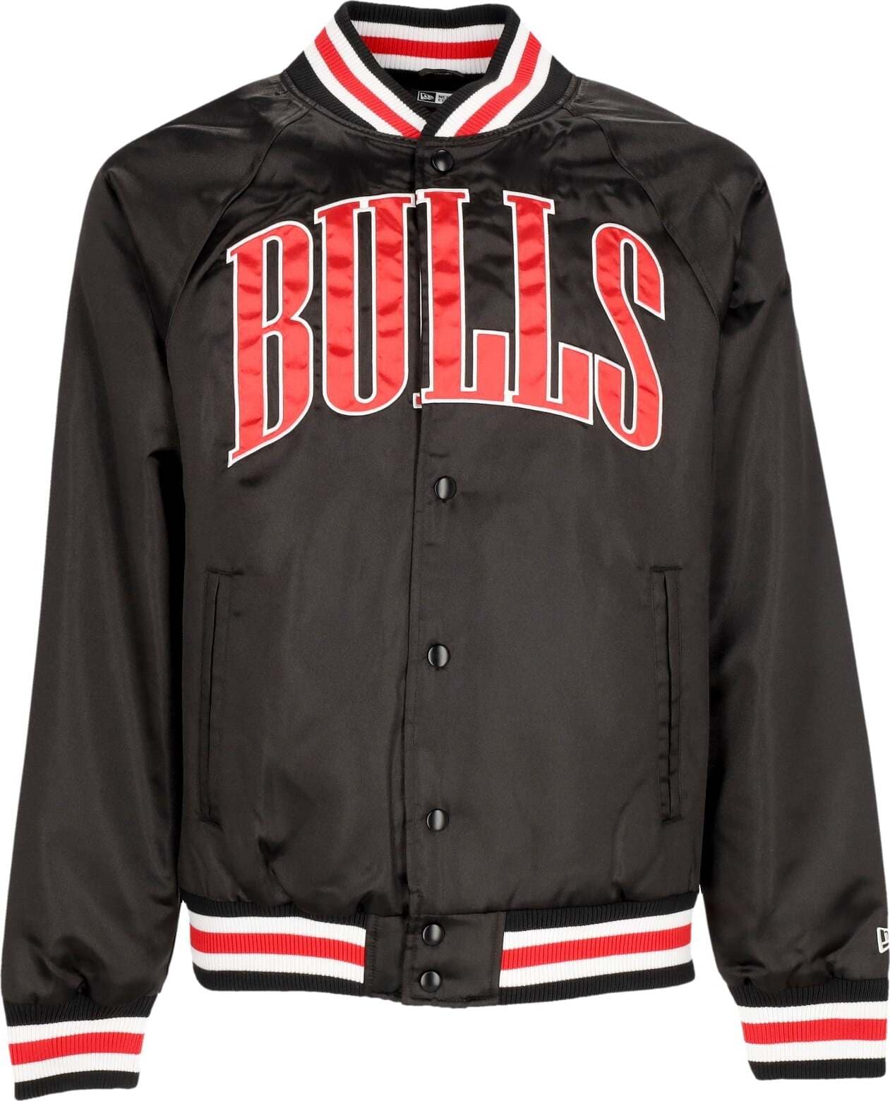 NEW-ERA-Giubbotto-Bomber-Uomo-Nba-Applique-Satin-Bomber-Chibul-Black/front-Door-Red-da-uomo