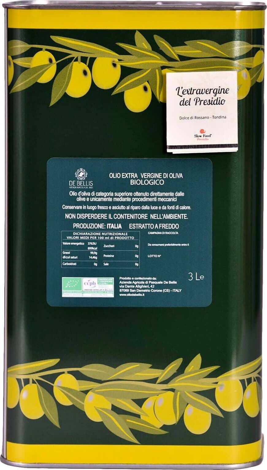Olio Extra-vergine Di Oliva Biologico De Bellis 2024 Presidio Slow Food 2 Lattine Da 3l in D'oliva Olio De Bellis - San Demetrio Corone, commercioVirtuoso.it