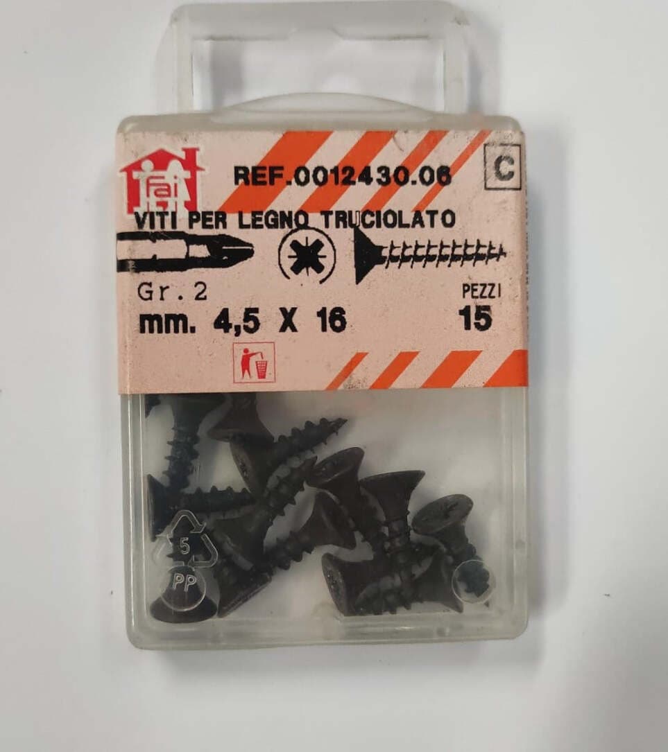 ORECA---15-VITI-PER-LEGNO-TRUCIOLATO-TESTA-PIANA-SVASATA-IMPRONTA-A-CROCE-PZ-4,5X16mm-IN-ACCIAIO-BRUNITO
