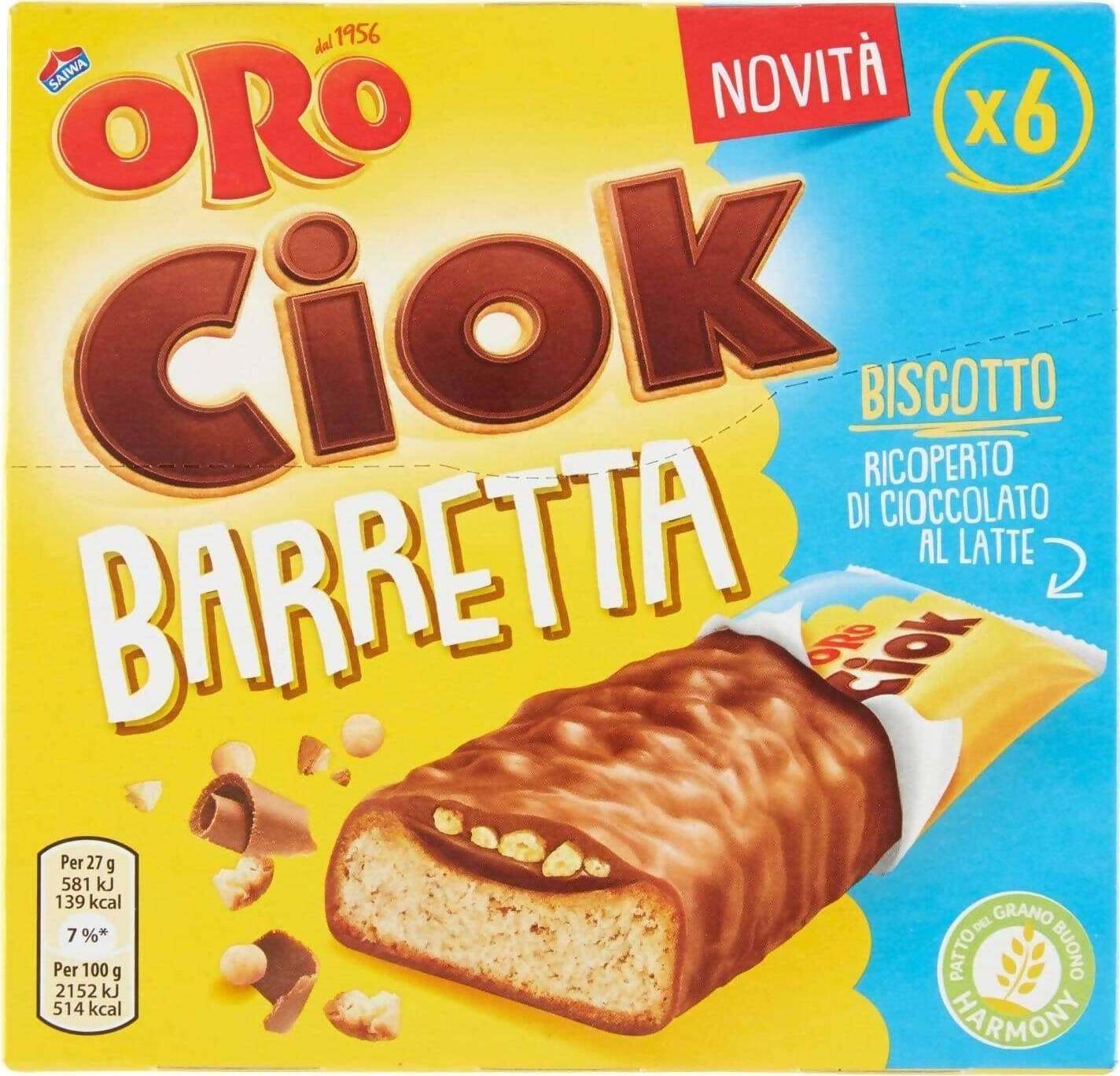 Oro Ciok 6x Oro Ciok Barretta 27 Gr Biscotto Ricoperto Di Cioccolato Al Latte E Ripieno Di Cacao E Riso Soffiato Confezione 6 Pz