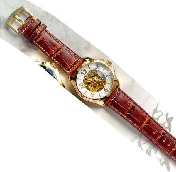 OROLOGIO POLSO ZCC G8239 UOMO AUTOMATICO CINTURINO PELLE MARRONE BIANCO DORATO
