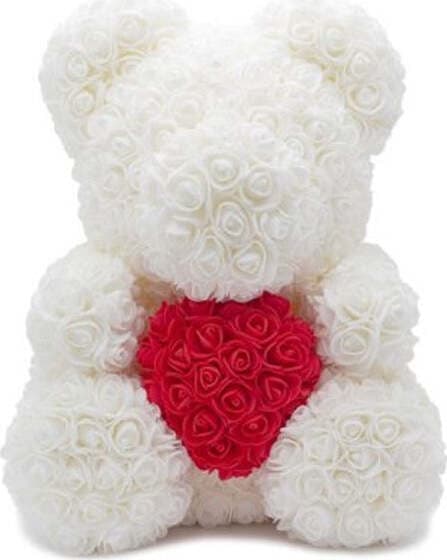ORSACCHIOTTO ORSETTO ORSO DI ROSE CON FIORI DA 40CM BIANCO CON CUORE ROSSO