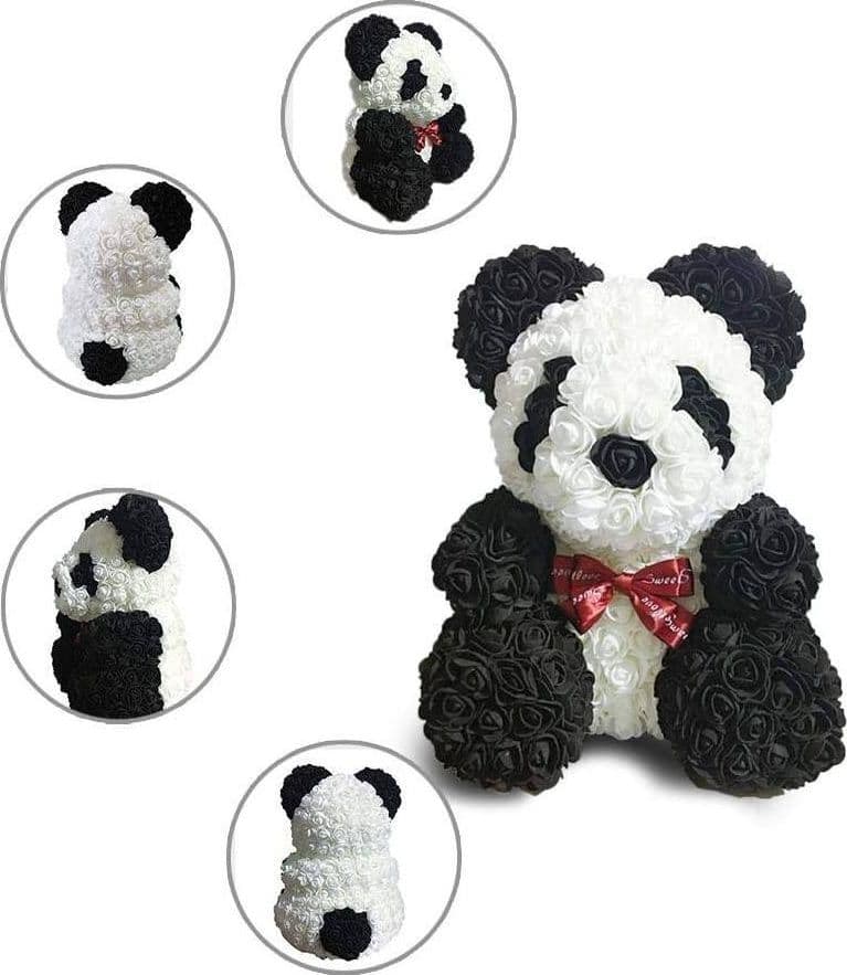 ORSACCHIOTTO ORSETTO PANDA DI ROSE CON FIORI ROSE DA 25CM COLORE BIANCO E NERO
