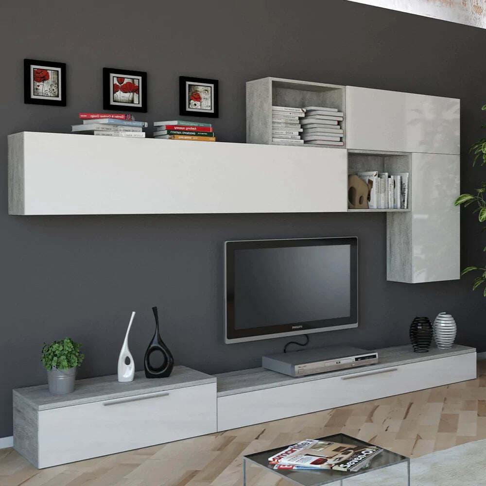 Parete attrezzata per soggiorno porta TV con ripiani ed ante Bianco e Cemento 270 cm Casa e cucina/Arredamento/Soggiorno/Pareti attrezzate Decor Space - Altamura, Commerciovirtuoso.it
