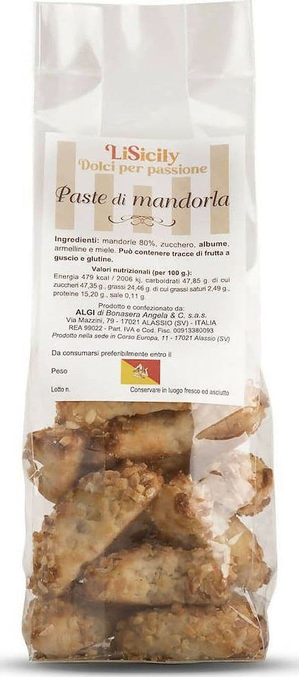 Paste Di Mandorla Siciliane Con Granella Con 80% Di Mandorle Artigianali Made in Italy Alimentari e cura della casa/Snack dolci e salati/Biscotti/Biscotti per la colazione LiSicily dolci per passione - Alassio, Commerciovirtuoso.it
