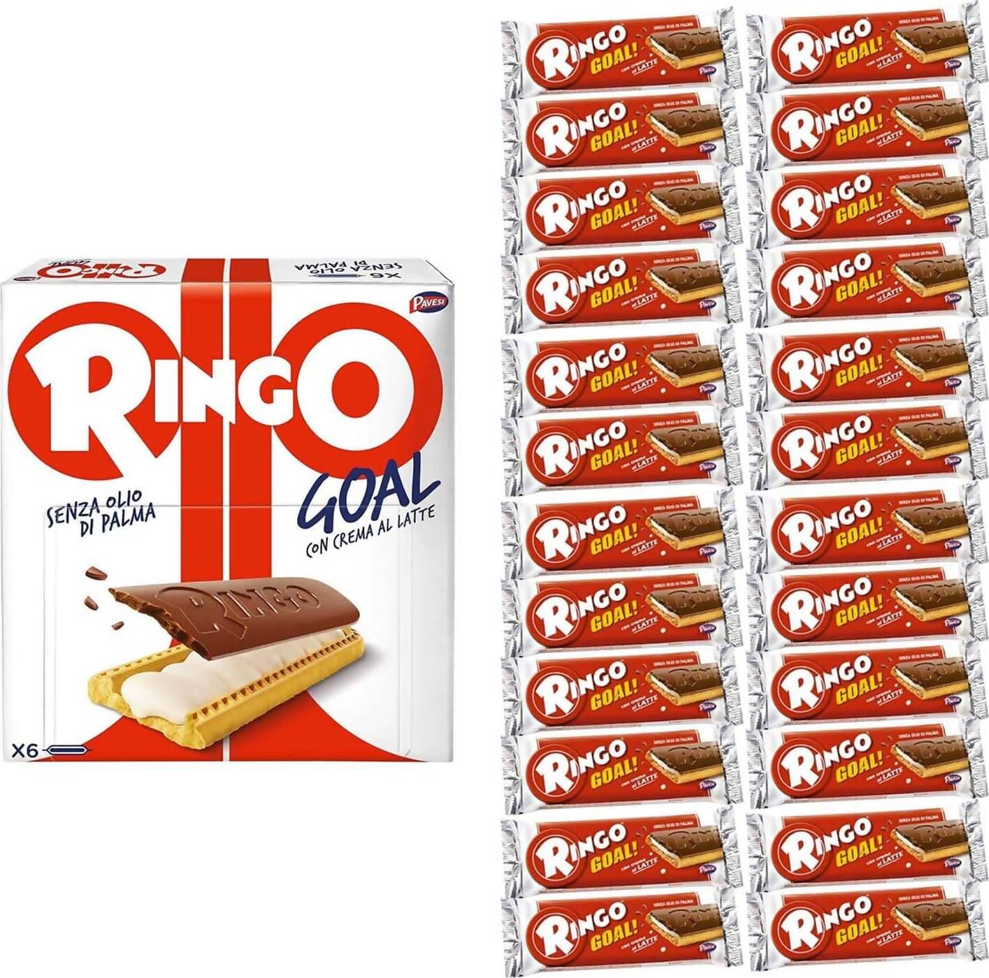 Pavesi Ringo Goal Latte Expo Confezione 24x Snack Ringo Goal Biscotto 28 Gr Ripieno Di Crema Al Latte E Copertura Di Cioccolato Snack Dolce E Gustoso Senza Olio Di Palma