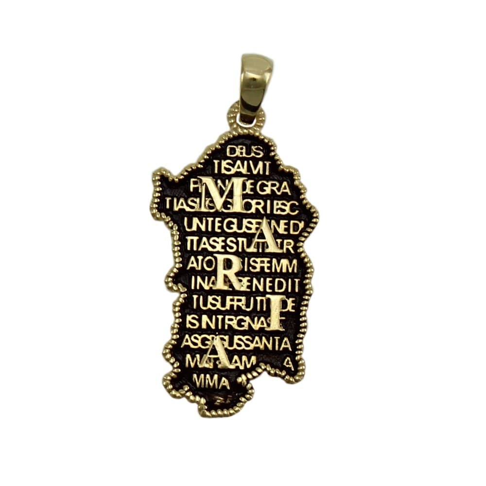 Pendente Sardegna in argento brunito su dorato con preghiera Ave Maria in sardo in rilievo in Ciondoli Gioielleria Saba - Dolianova, commercioVirtuoso.it