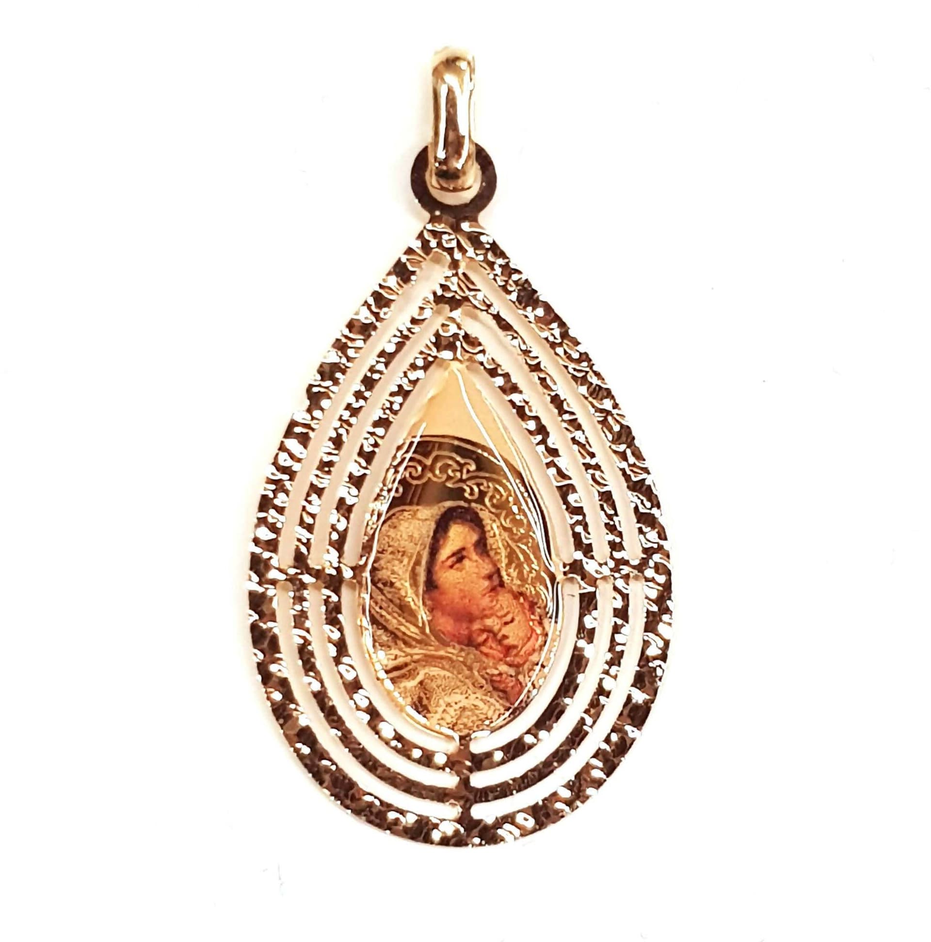 Pendente Religioso Medaglia Madonna a goccia in oro 750/1000 Medaglietta Madonna con Bambino in Ciondoli E B Gioielli - Siderno, commercioVirtuoso.it