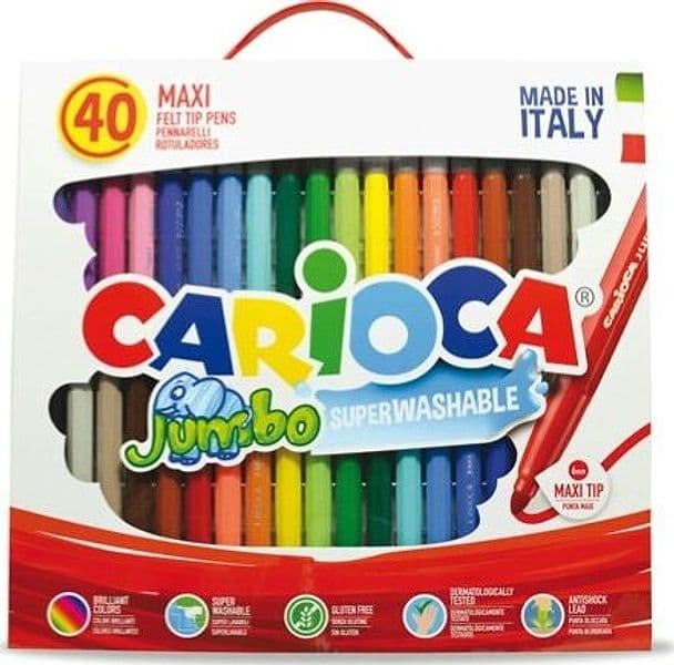 Pennarelli Jumbo - punta 6 0mm - colori assortiti - lavabili - Carioca - valigetta 40 pezzi Giochi e giocattoli/Attività creative/Accessori per disegnare e colorare/Pennelli Eurocartuccia - Pavullo, Commerciovirtuoso.it