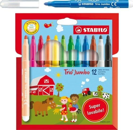 Pennarelli Trio Jumbo - punta 3 0 mm - colori assortiti - Stabilo - astuccio 12 pezzi Giochi e giocattoli/Attività creative/Accessori per disegnare e colorare/Pennelli Eurocartuccia - Pavullo, Commerciovirtuoso.it