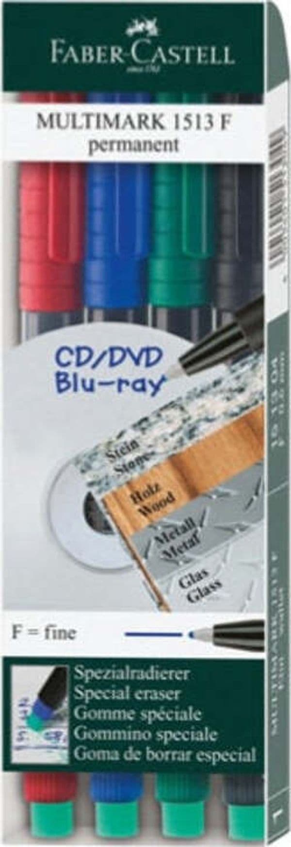 Pennarello Multimark universale permanente con gomma - punta fine 0 4mm - astuccio 4 colori - Faber Castell Cancelleria e prodotti per ufficio/Penne matite scrittura e correzione/Marcatori ed evidenziatori/Pennarelli indelebili e marcatori Eurocartuccia - Pavullo, Commerciovirtuoso.it