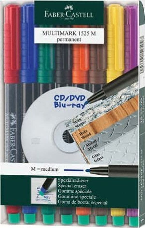 Pennarello Multimark universale permanente con gomma - punta media 1 0mm - astuccio 8 colori - Faber Castell Cancelleria e prodotti per ufficio/Penne matite scrittura e correzione/Marcatori ed evidenziatori/Pennarelli indelebili e marcatori Eurocartuccia - Pavullo, Commerciovirtuoso.it