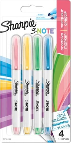 Pennarello S-Note - punta scalpello - colori assortiti - Sharpie - astuccio 4 pezzi Cancelleria e prodotti per ufficio/Penne matite scrittura e correzione/Penne e ricariche/Penne a punta porosa Eurocartuccia - Pavullo, Commerciovirtuoso.it