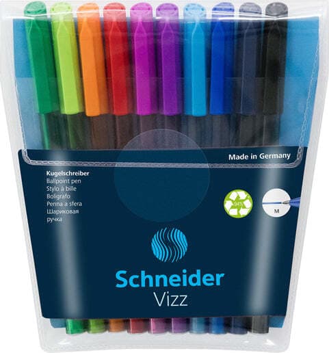 Penne a sfera Vizz - con cappuccio - punta media - colori assortiti - Schneider - astuccio 10 pezzi Cancelleria e prodotti per ufficio/Penne matite scrittura e correzione/Penne e ricariche/Penne roller a inchiostro gel Eurocartuccia - Pavullo, Commerciovirtuoso.it
