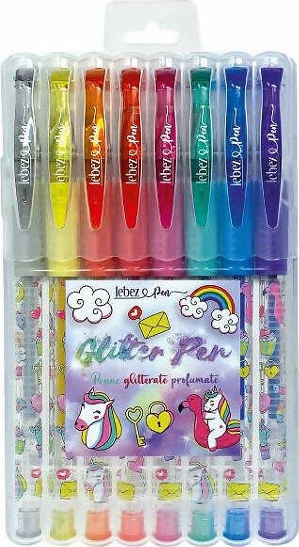 Penne-Gel-Glitterate-Unicorno-Sete-8-Penne-Glitter-Profumate-Colorate-Lebez
