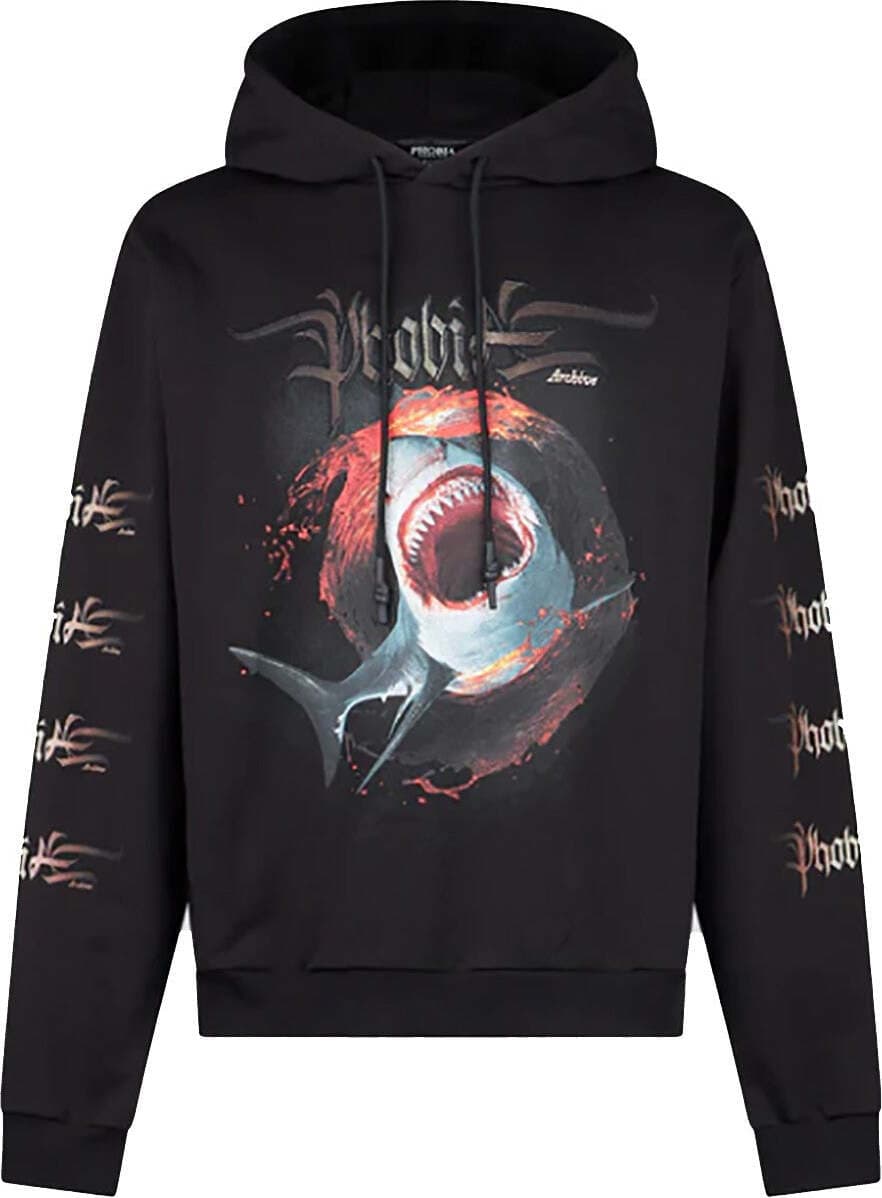 PHOBIA-Felpa-Leggera-Cappuccio-Uomo-Shark-Print-Hoodie-Black-da-uomo