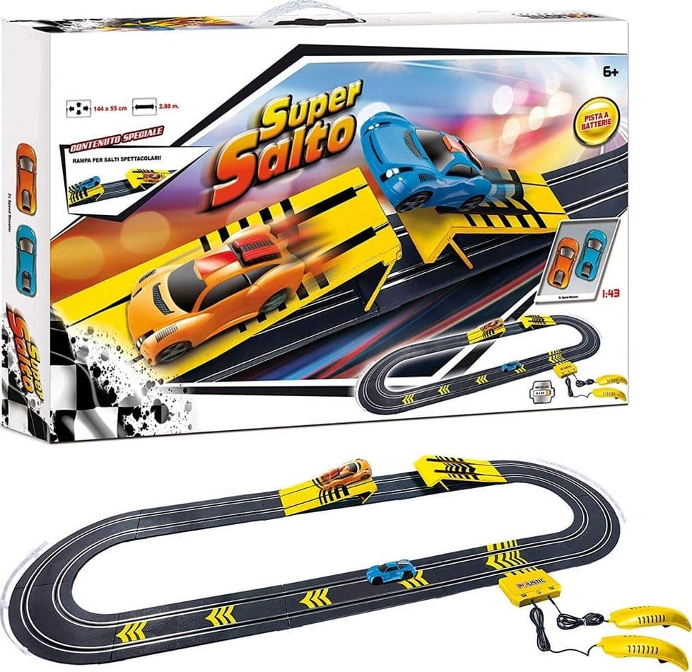 Pista-Macchinine-Super-Salto-Con-2-Macchinine-Giocattolo-Bambini