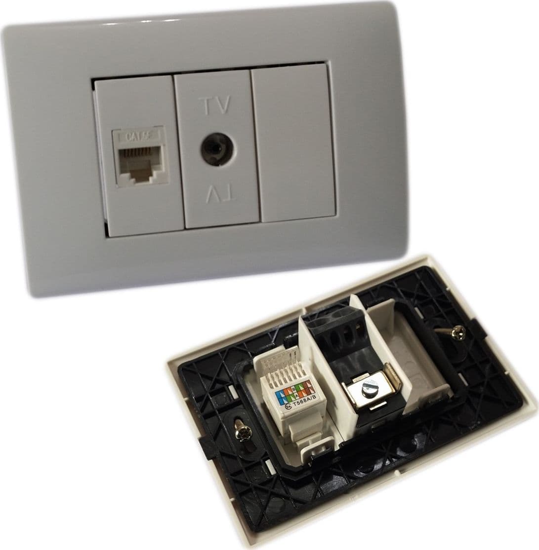 PLACCA PLACCHETTA 3 POSTI COMPLETA 1 PRESA TV 1 PRESA ETHERNET RJ45 INCASSO 503 Trade Shop italia - Napoli, Commerciovirtuoso.it
